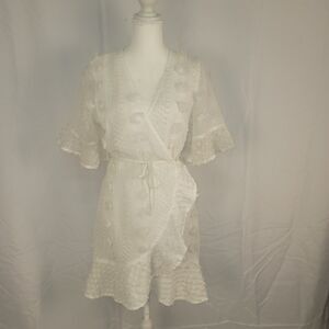 NWT DAO Chloe Dao Pom Pom Wrap Dress Cream White Ruffle V-Neck Mini Bridal Sz L